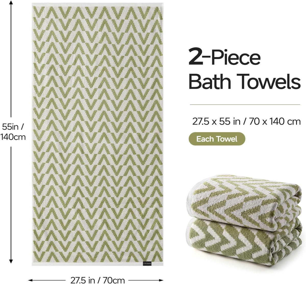 ecolook Sage Green Bath Towels Set of 2, Reversible Zigzag Pattern