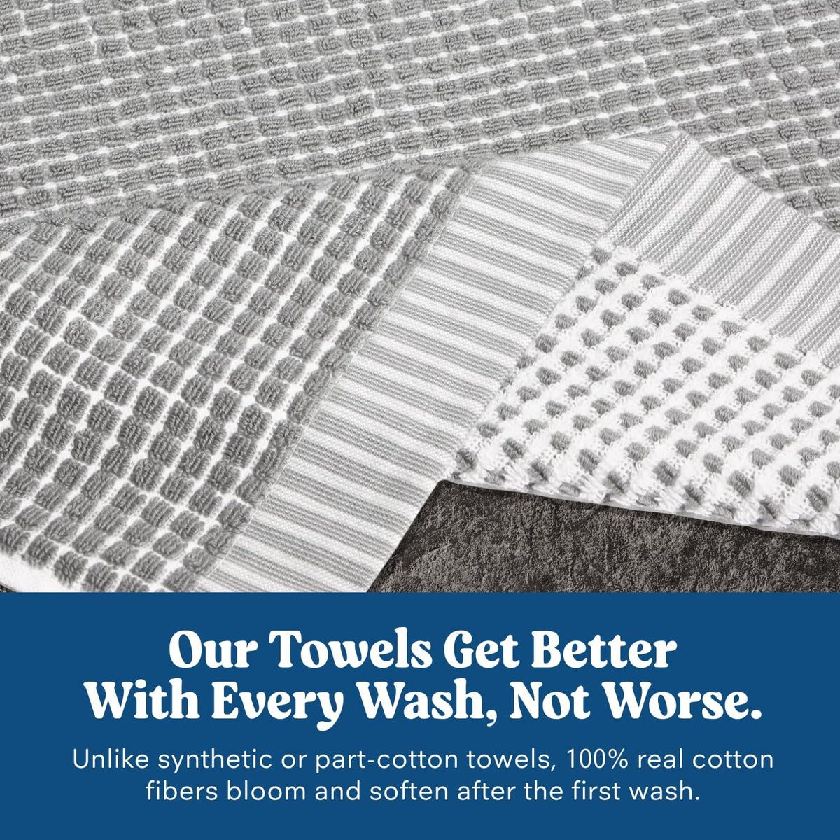 ONSEN Sculpted Terry Bath Towels, 100% American Cotton, Quick Dry Lint Free, Lightweight Absorbent Bath Towel Set with Hanging Loop, 28x55 in (Grey Fog, 2X Bath Towel)