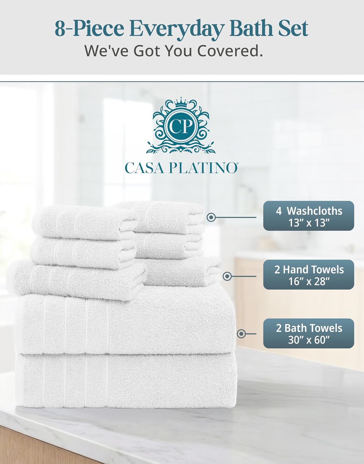 Casa Platino Large Bath Towel Set Absorbent Quick Dry 100% Cotton - White