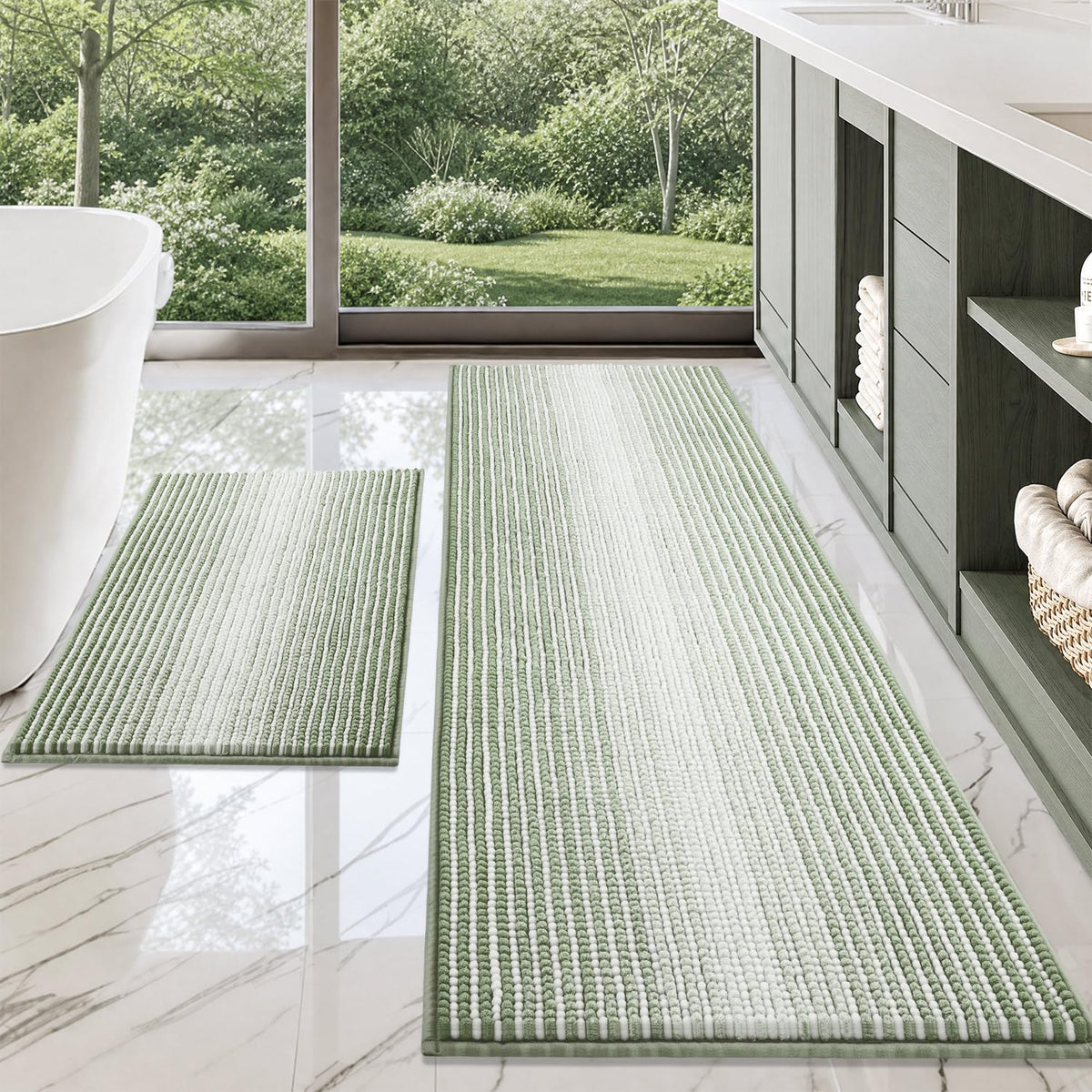 BSICPRO Bathroom Rugs Sets 2 Piece, Non Slip Striped Bath Mats, Aqua Green