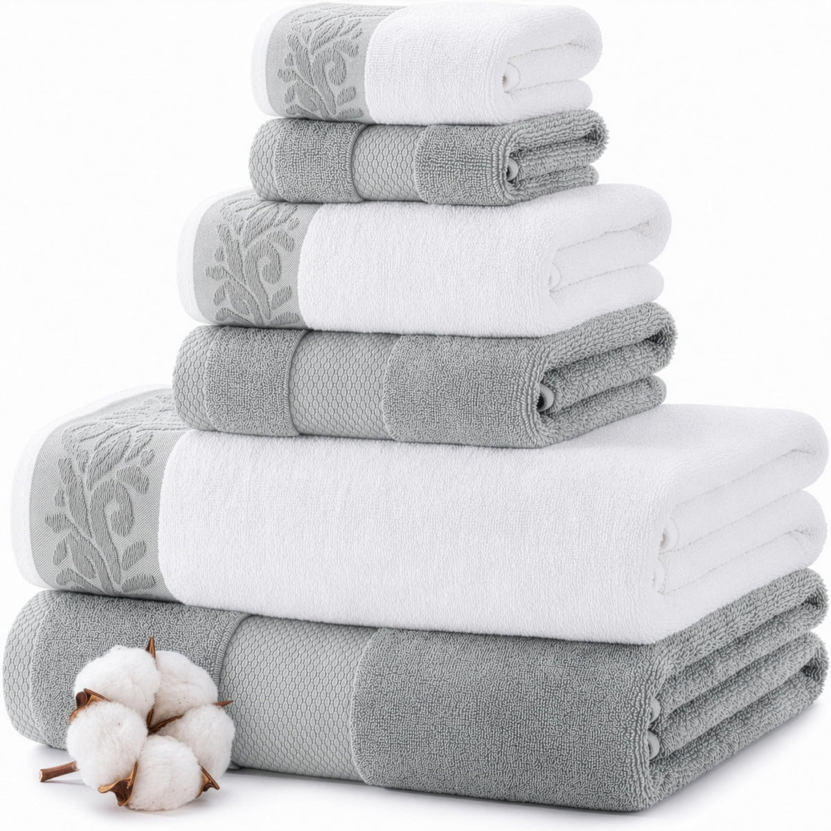Modern Threads 6 Piece Bath Towel Set – Bathroom Towel Set with 2 Bath Towels, 2 Hand Towels & 2 Washcloths – 100% Cotton, Soft & Absorbent – Jacquard Border (Gray)
