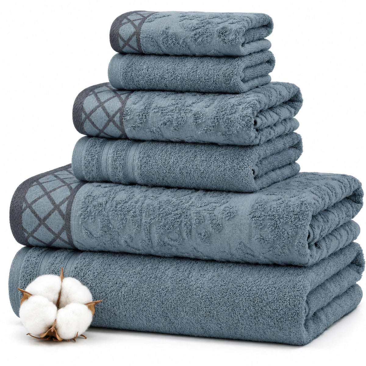 Modern Threads 6 Piece Bath Towel Set – Bathroom Towel Set with 2 Bath Towels, 2 Hand Towels & 2 Washcloths – 100% Cotton, Soft & Absorbent – Geometric (Soft Olive)