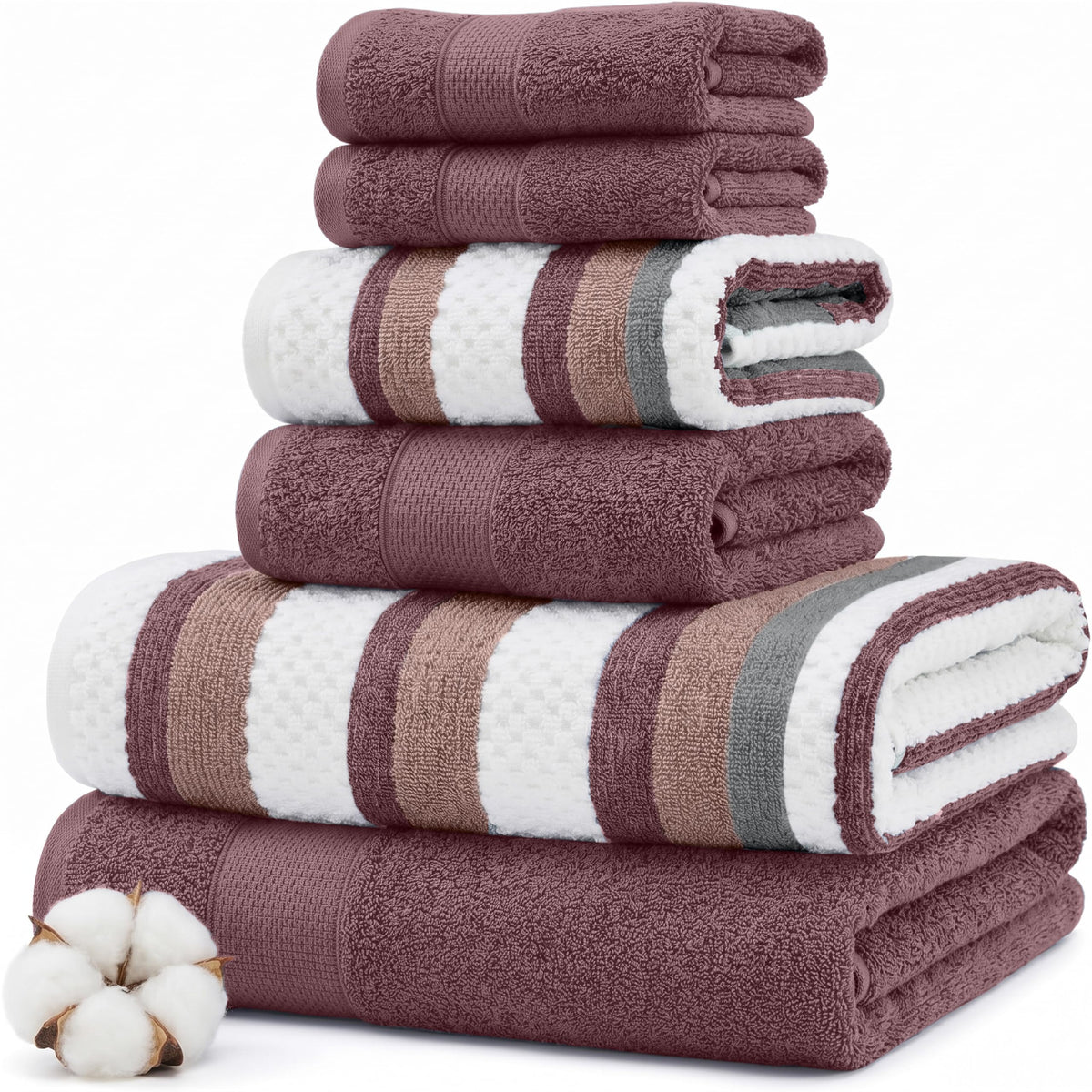 Modern Threads 6 Piece Bath Towel Set – Bathroom Towel Set with 2 Bath Towels, 2 Hand Towels & 2 Washcloths – 100% Cotton, Soft & Absorbent – Jacquard Border (Gray)
