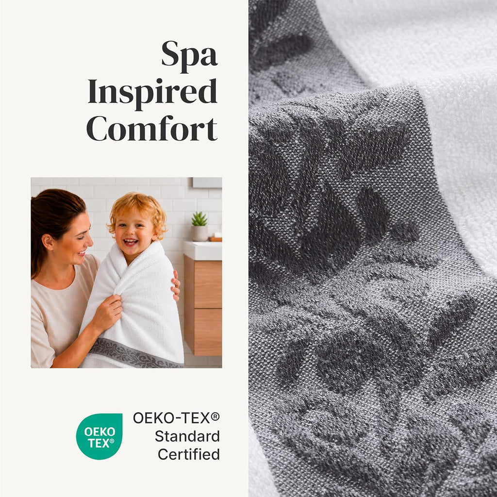 Modern Threads 6 Piece Bath Towel Set – Bathroom Towel Set with 2 Bath Towels, 2 Hand Towels & 2 Washcloths – 100% Cotton, Soft & Absorbent – Jacquard Border (Gray)