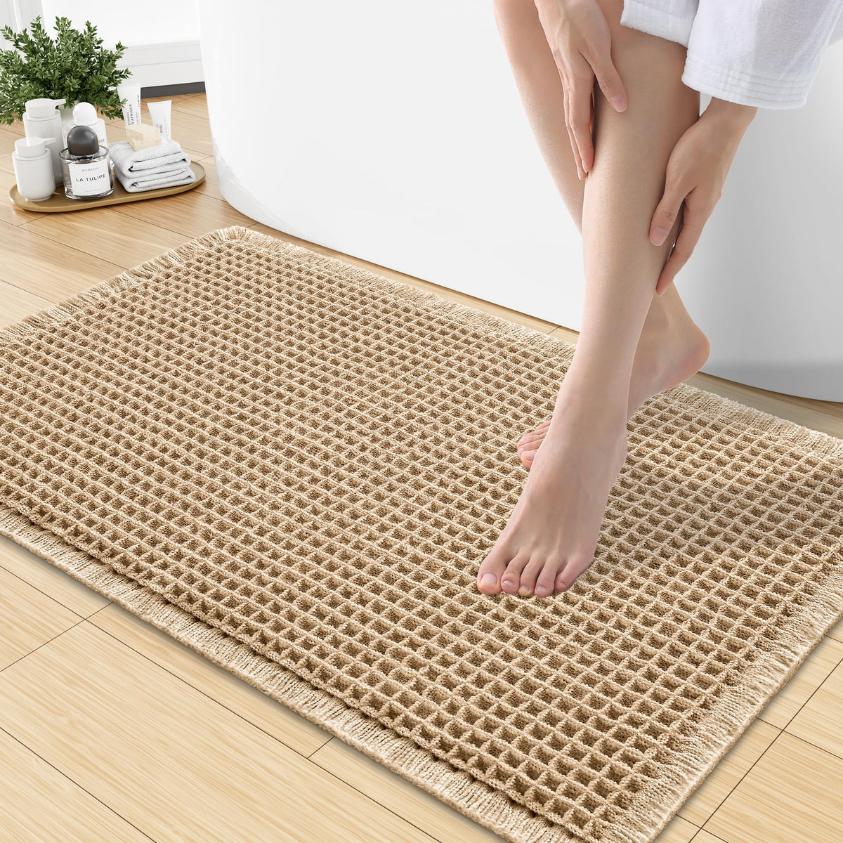 Smiry Waffle Bath Mat 30X20, Extra Soft Absorbent Bathroom Rugs, Brown