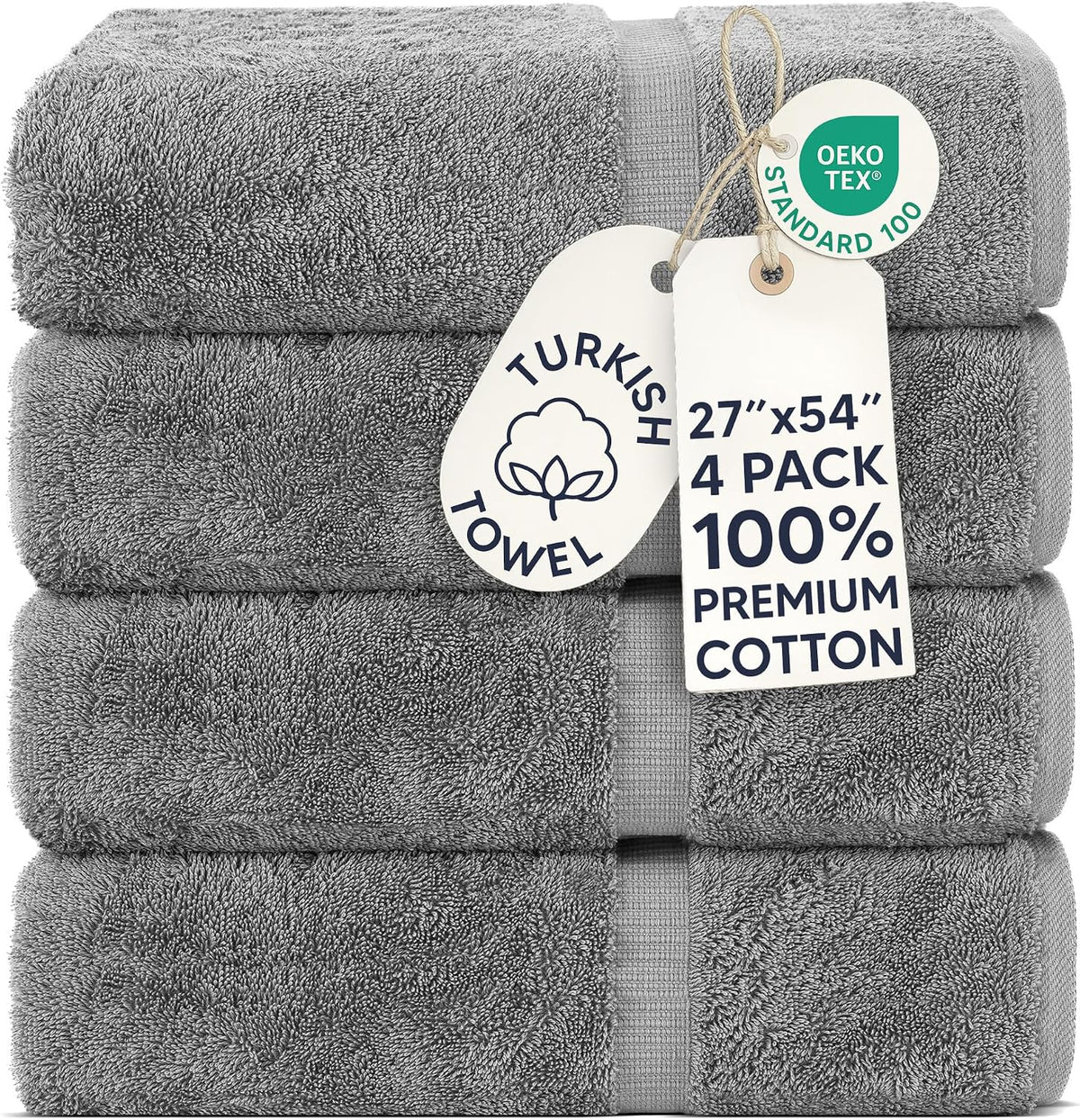 Chakir Turkish Linens 100% Cotton 4-Pack Bath Towels 27x54, Gray