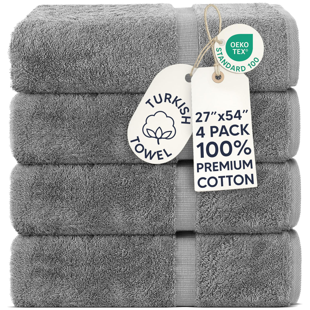 Chakir Turkish Linens 100% Cotton 4-Pack Bath Towels 27x54, Gray