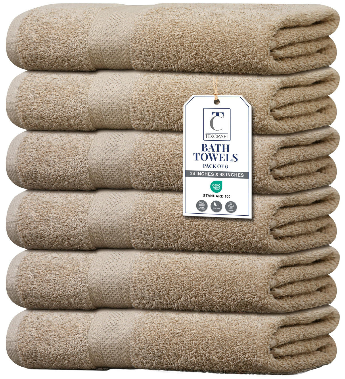Medium Size Bath Towels Set of 6 – 100% Cotton Terry – 24" x 48" – Quick Dry, Soft & Highly Absorbent – Beige Towels for Bathroom, Gym, Spa, Pool & Daily Use