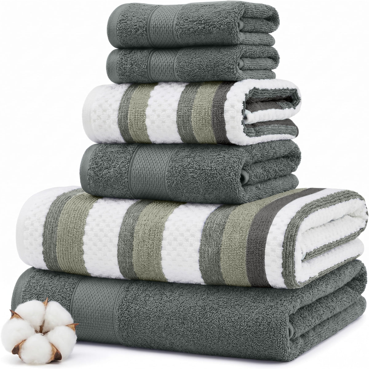 Modern Threads 6 Piece Bath Towel Set – Bathroom Towel Set with 2 Bath Towels, 2 Hand Towels & 2 Washcloths – 100% Cotton, Soft & Absorbent – Jacquard Border (Gray)
