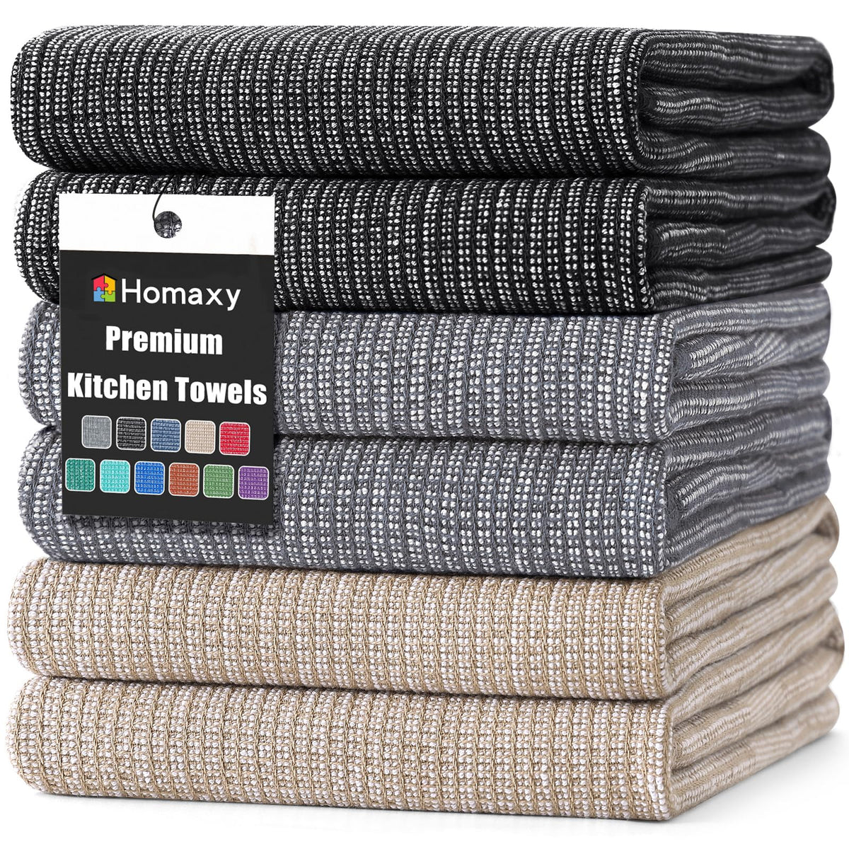 Homaxy 380 GSM Cotton Premium Kitchen Towels 6 Pack, 18"x 28", Khaki