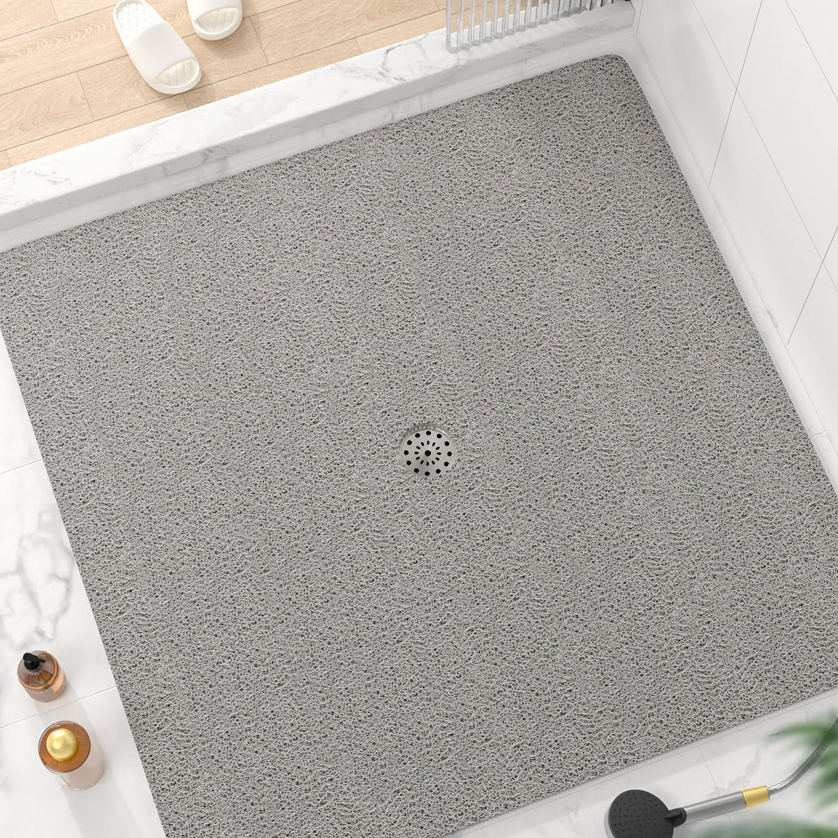 HITSLAM Square Shower Mat, 24 x 24 Inch Non Slip Bath Mat for Tub, Soft PVC Loofah Bathtub Mats with Drain Holes, Quick Drying Bathroom Stall Floor Mat, Bathroom Accessories Without Suction Cup, Grey