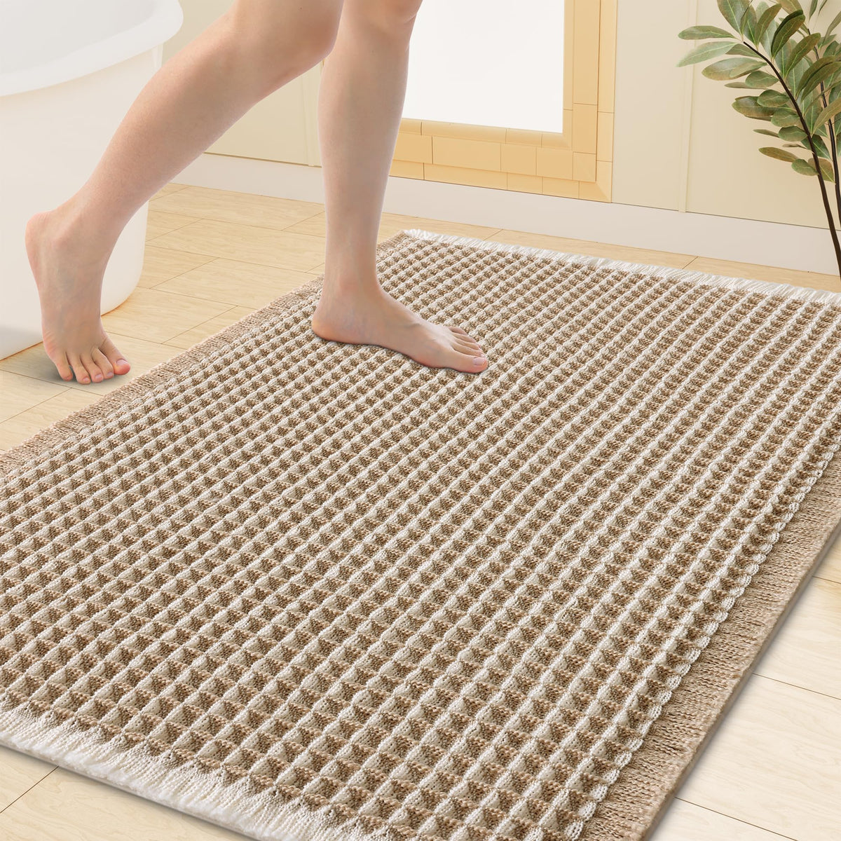 Smiry Waffle Bath Mat 30X20, Extra Soft Absorbent Bathroom Rugs, Brown
