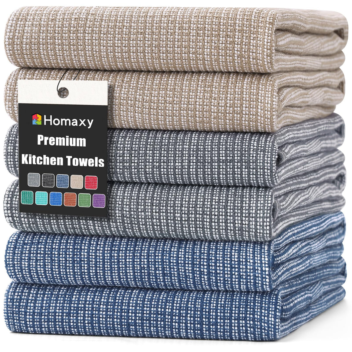 Homaxy 380 GSM Cotton Premium Kitchen Towels 6 Pack, 18"x 28", Khaki