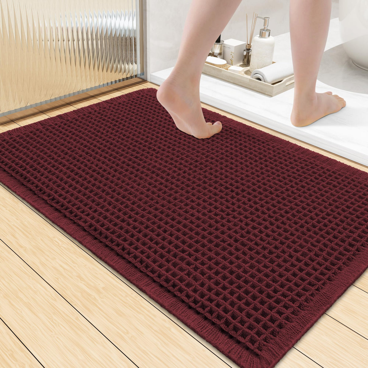 Smiry Waffle Bath Mat 30X20, Extra Soft Absorbent Bathroom Rugs, Brown