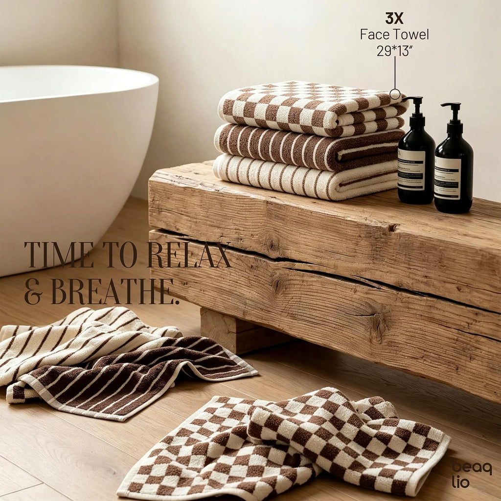 100% Cotton Striped Hand Towels Set, 3pcs Towels for Bathroom Brown