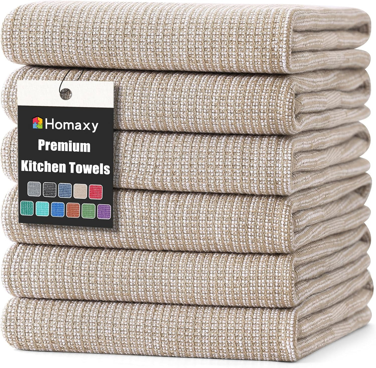 Homaxy 380 GSM Cotton Premium Kitchen Towels 6 Pack, 18"x 28", Khaki