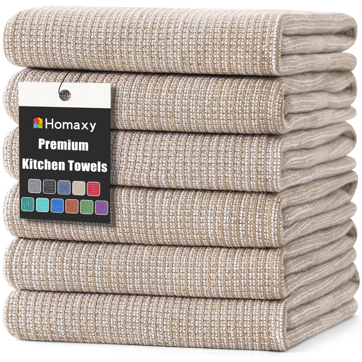 Homaxy 380 GSM Cotton Premium Kitchen Towels 6 Pack, 18"x 28", Khaki