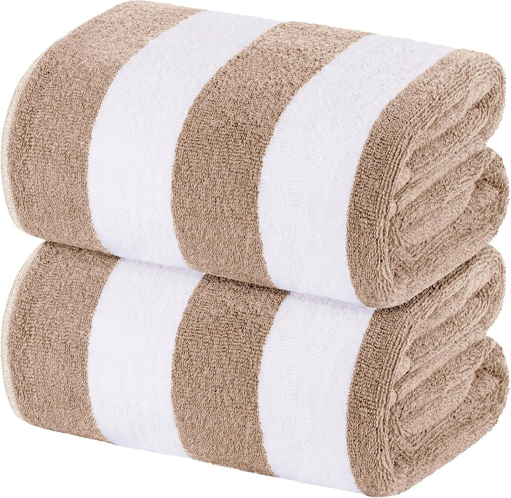 White Classic Beach Towels Oversized Cabana Stripe Cotton Bath Towel Large - Luxury Plush Thick Hotel Swim Pool Towels for Adults Super Absorbent Quick Dry - 35x70 Beige [2 Pack]