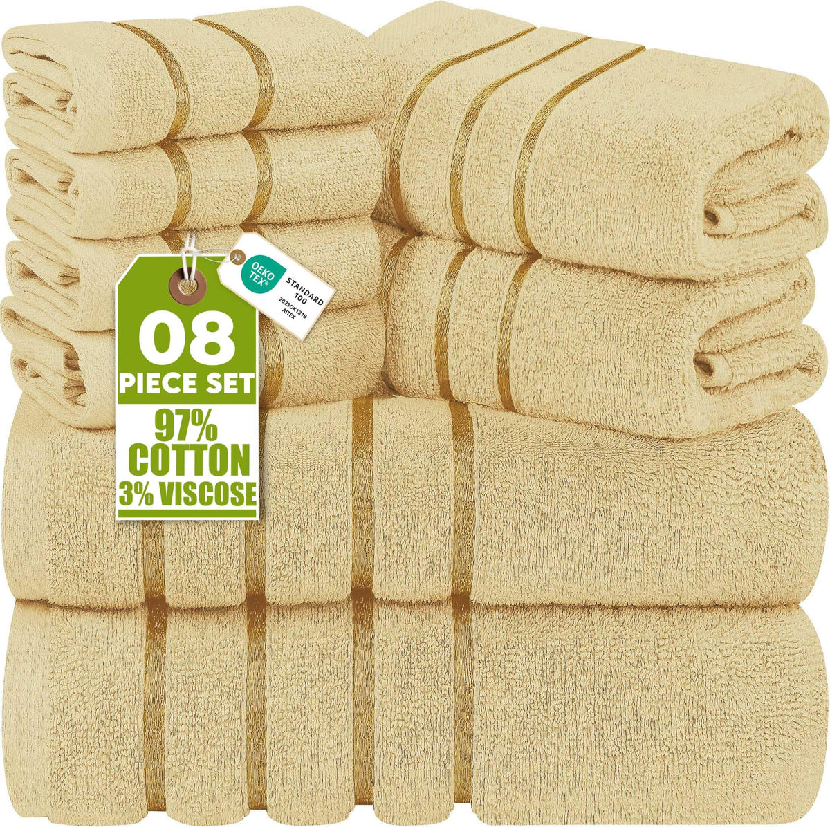 Utopia Towels 8 Piece Luxury Towel Set, 600 GSM, Viscose Stripe, White