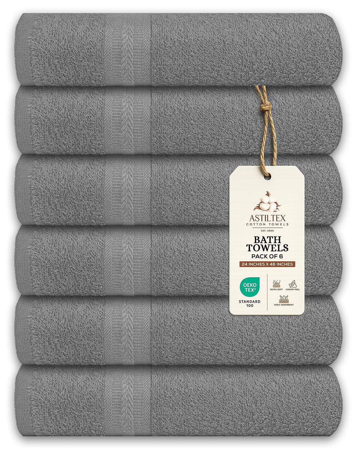 Bath Towels Pack of 6 – 24" x 48" – 100% Cotton Terry, Soft, Quick-Dry & Highly Absorbent – Black Towels for Bathroom, Spa, Gym, Hotel, Pool & Everyday Use