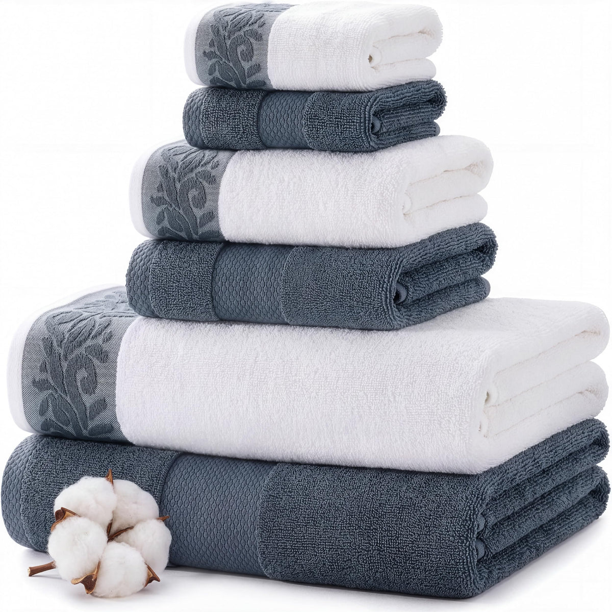 Modern Threads 6 Piece Bath Towel Set – Bathroom Towel Set with 2 Bath Towels, 2 Hand Towels & 2 Washcloths – 100% Cotton, Soft & Absorbent – Jacquard Border (Gray)