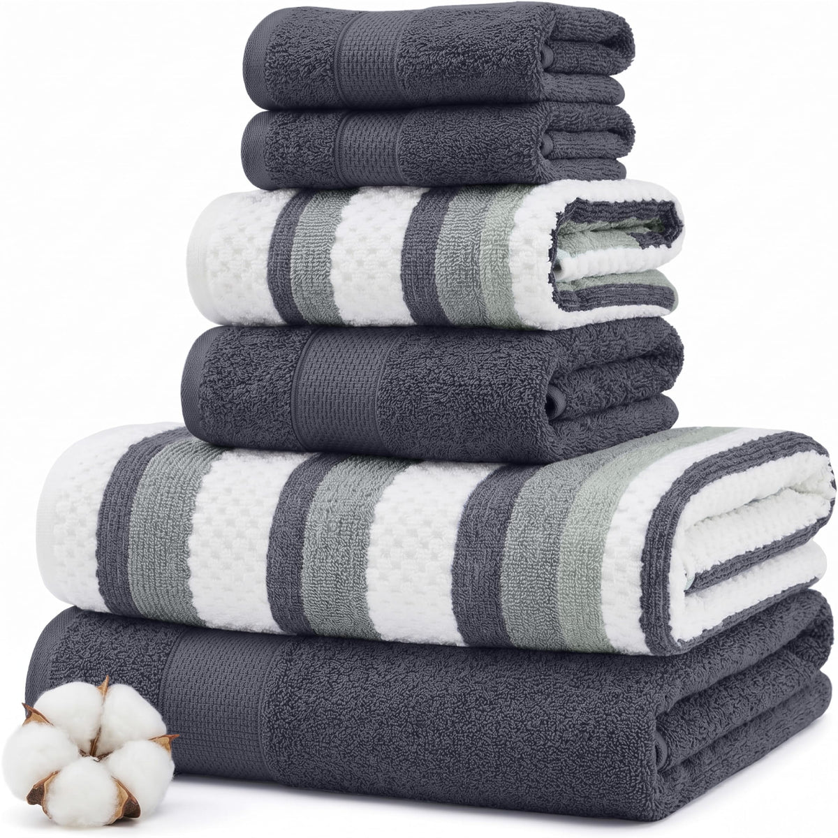Modern Threads 6 Piece Bath Towel Set – Bathroom Towel Set with 2 Bath Towels, 2 Hand Towels & 2 Washcloths – 100% Cotton, Soft & Absorbent – Jacquard Border (Gray)