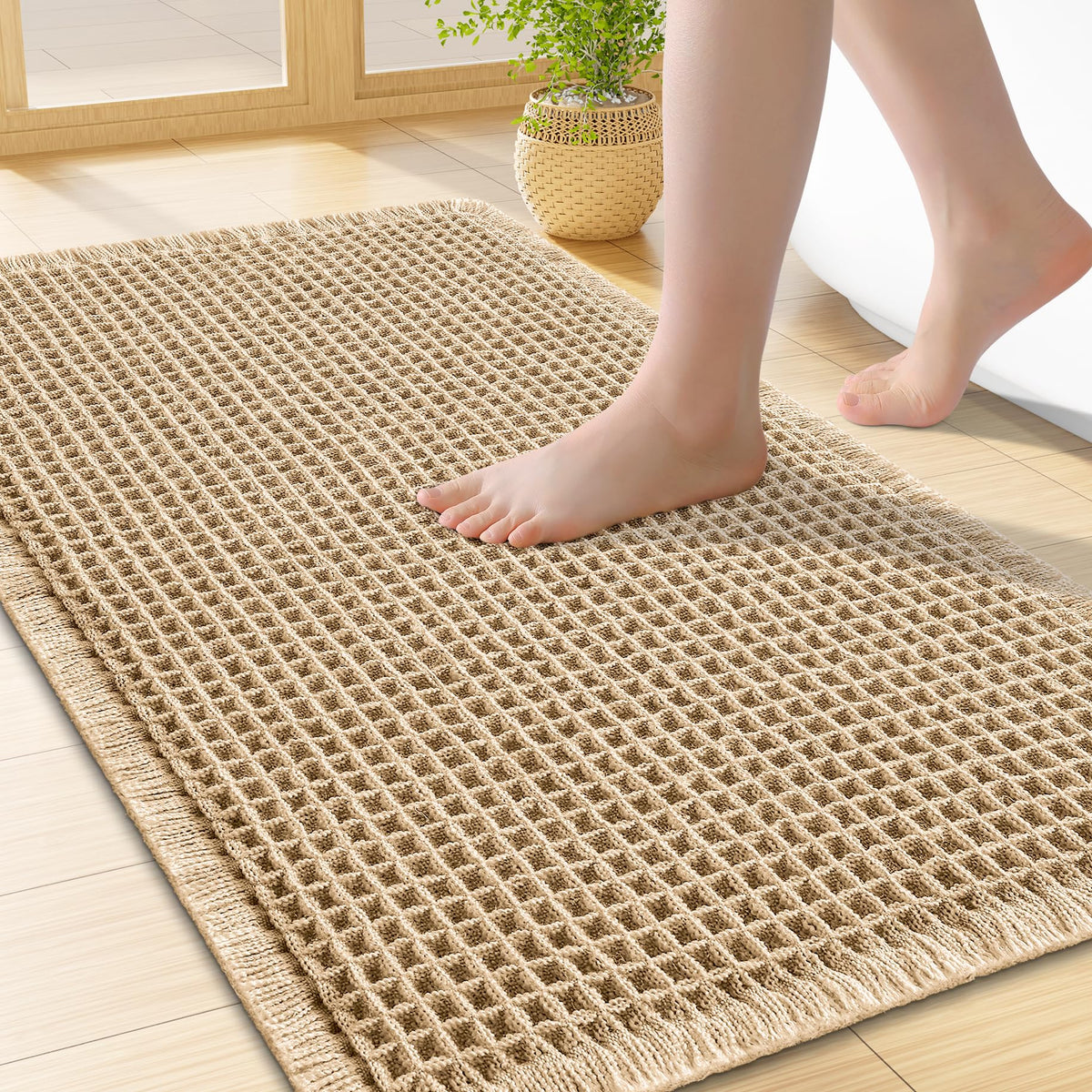 Smiry Waffle Bath Mat 30X20, Extra Soft Absorbent Bathroom Rugs, Brown