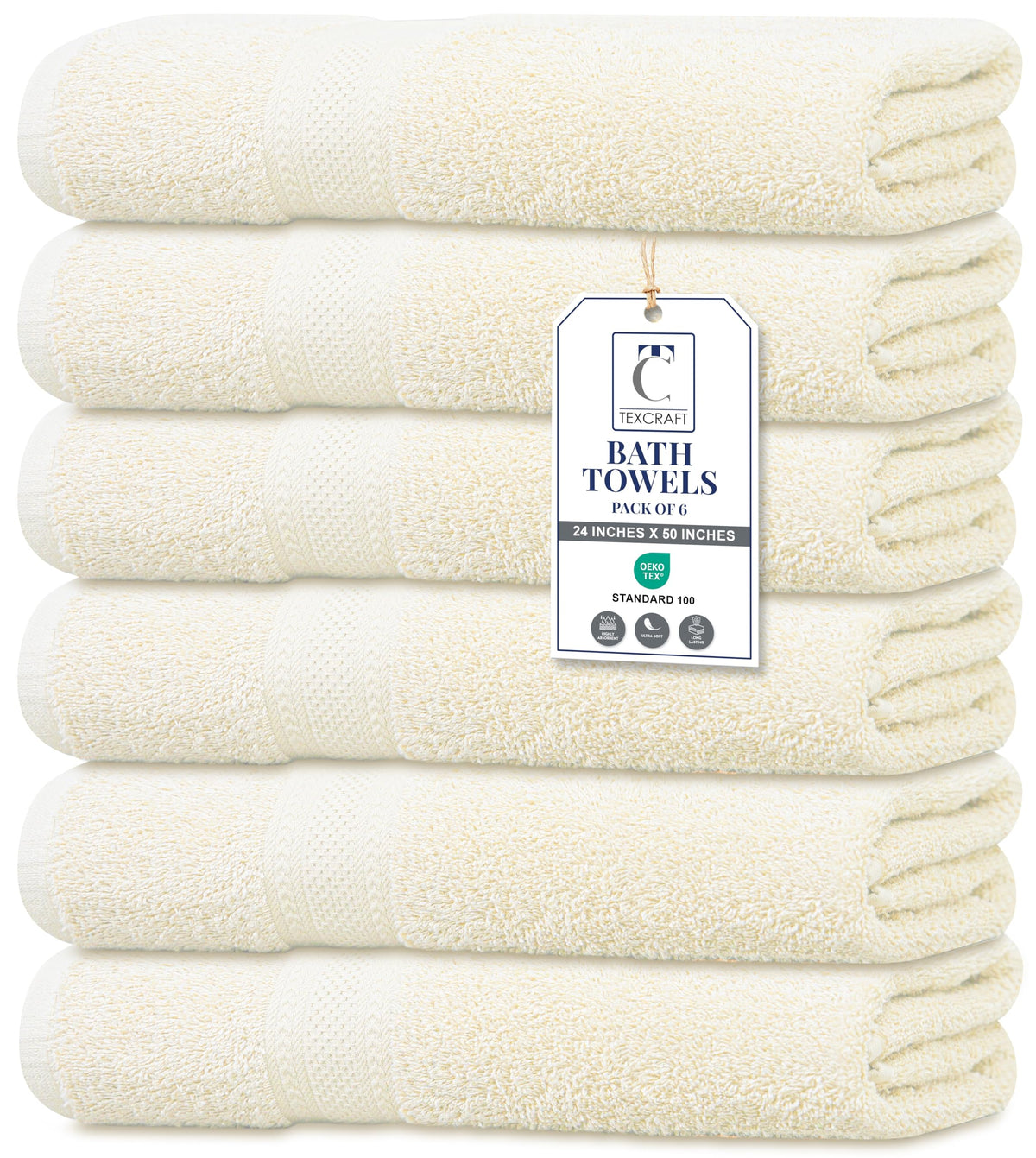 Medium Size Bath Towels Set of 6 – 100% Cotton Terry – 24" x 48" – Quick Dry, Soft & Highly Absorbent – Beige Towels for Bathroom, Gym, Spa, Pool & Daily Use