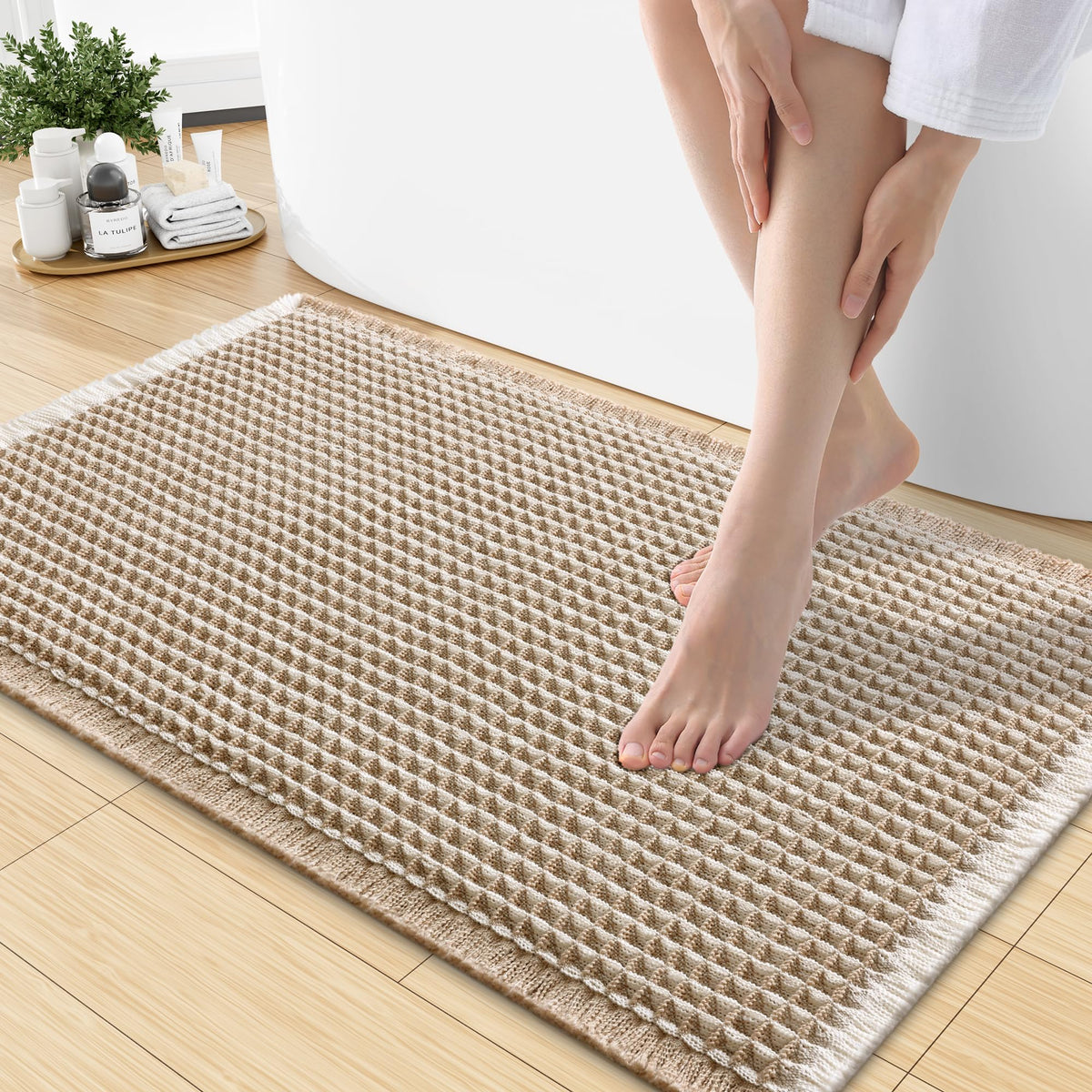 Smiry Waffle Bath Mat 30X20, Extra Soft Absorbent Bathroom Rugs, Brown