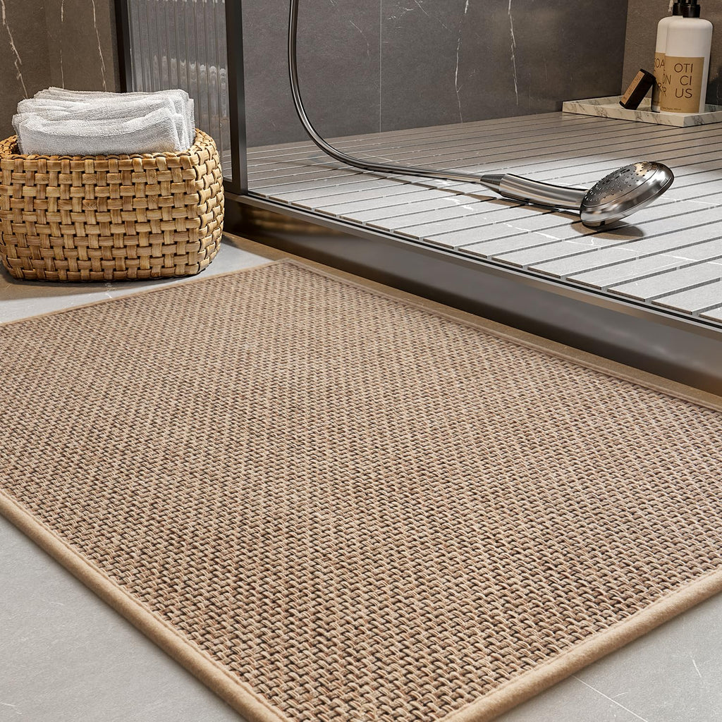 PADOOR Non-Slip Bath Mat With Rubber-Backing, Braided Absorbent Machine Washable Thin Rug for Bathroom Floor, Quick Dry, Fits Under Door, 17''x24'' Beige