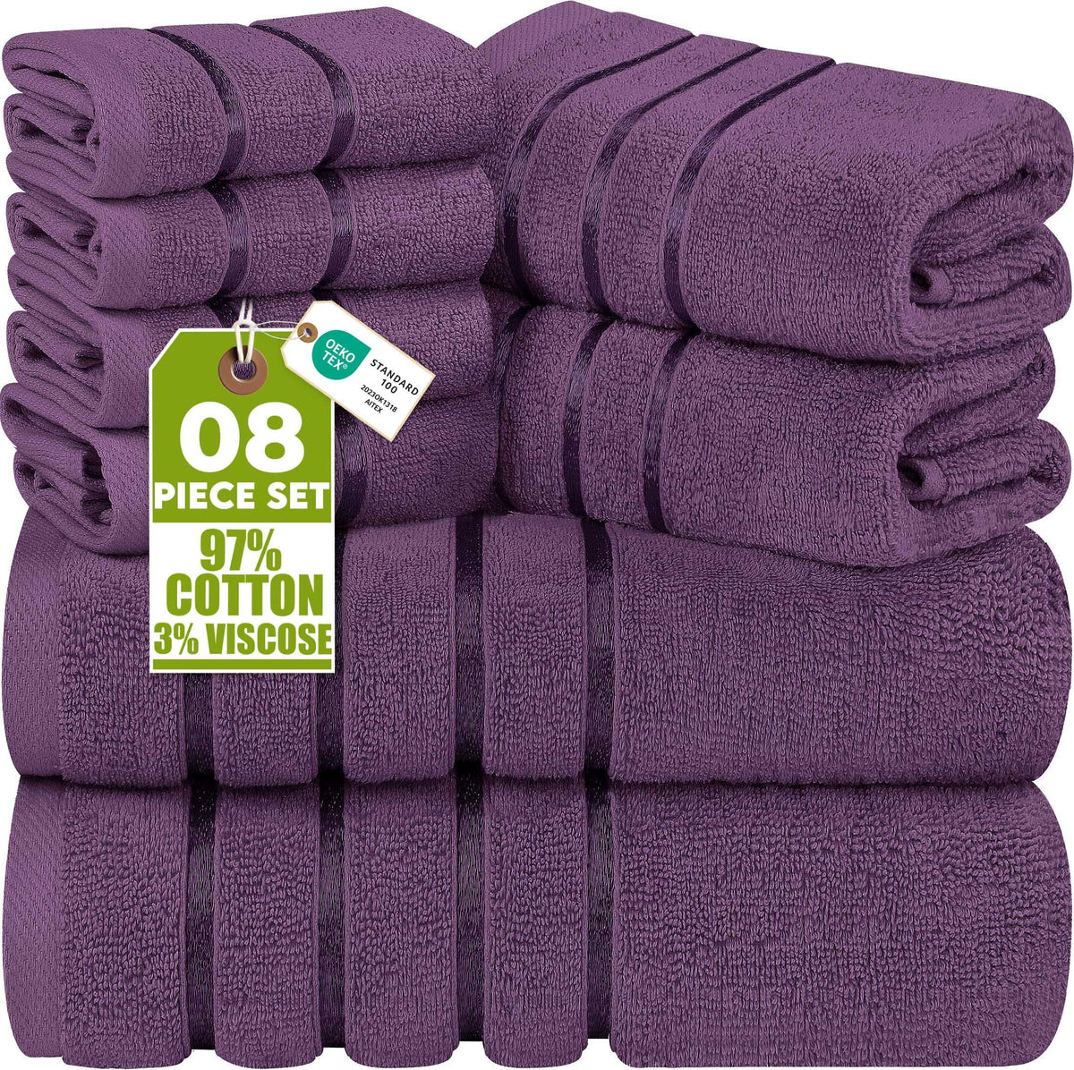 Utopia Towels 8 Piece Luxury Towel Set, 600 GSM, Viscose Stripe, Black