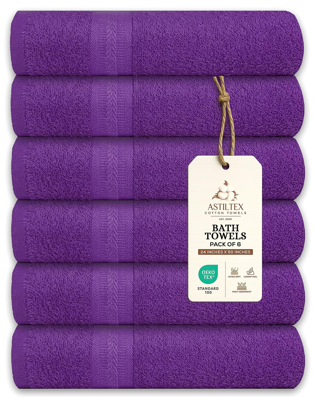 Bath Towels Pack of 6 – 24" x 48" – 100% Cotton Terry, Soft, Quick-Dry & Highly Absorbent – Black Towels for Bathroom, Spa, Gym, Hotel, Pool & Everyday Use