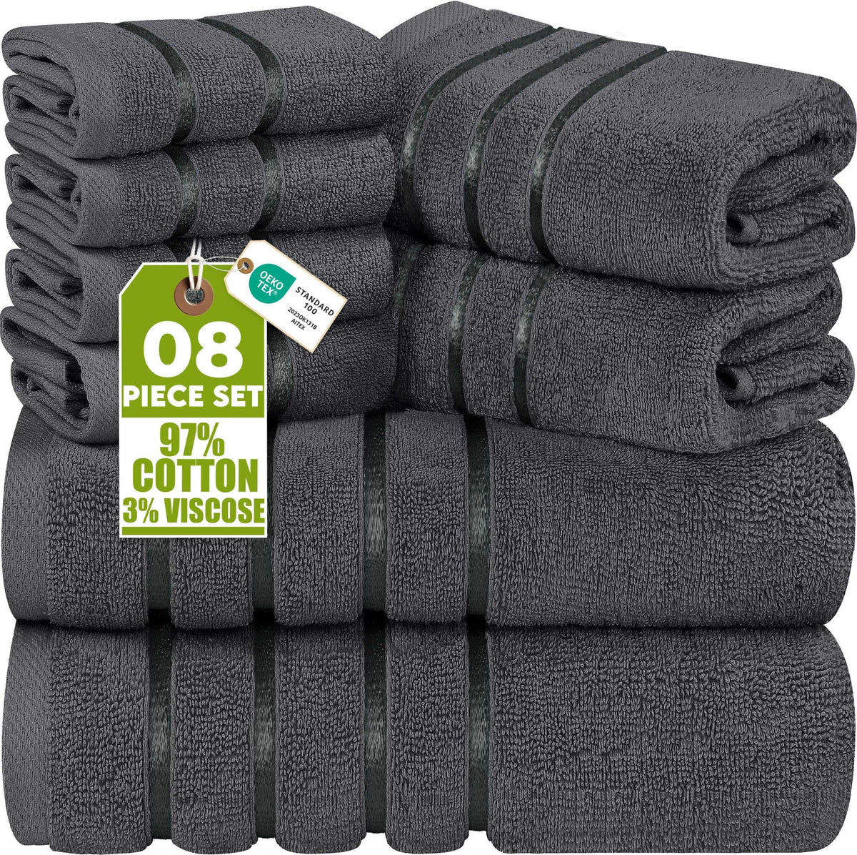 Utopia Towels 8 Piece Luxury Towel Set, 600 GSM, Viscose Stripe, White