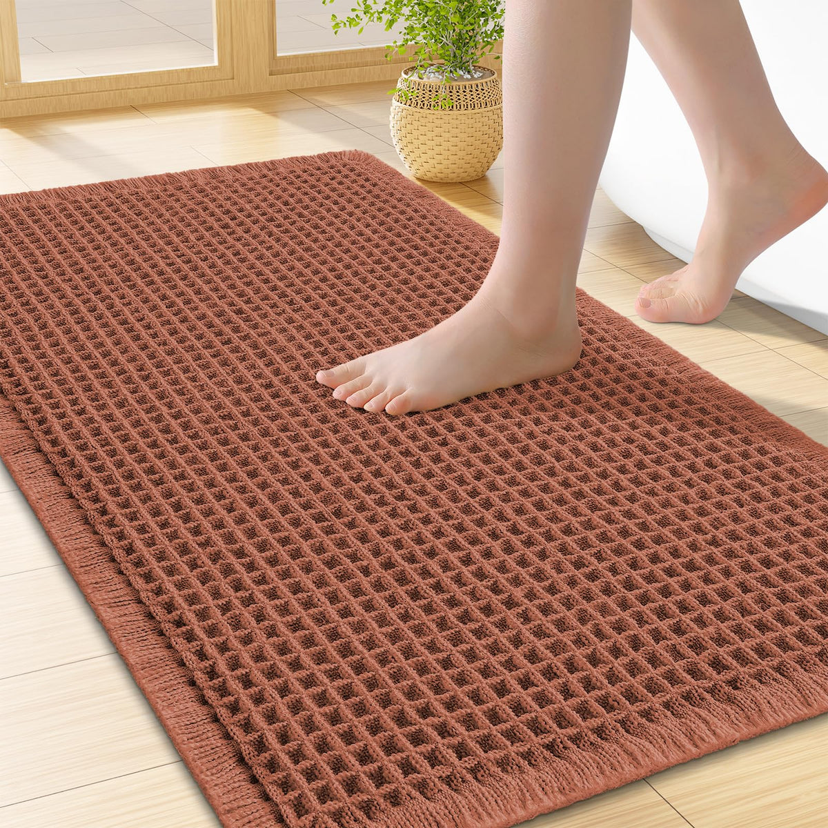 Smiry Waffle Bath Mat 30X20, Extra Soft Absorbent Bathroom Rugs, Brown
