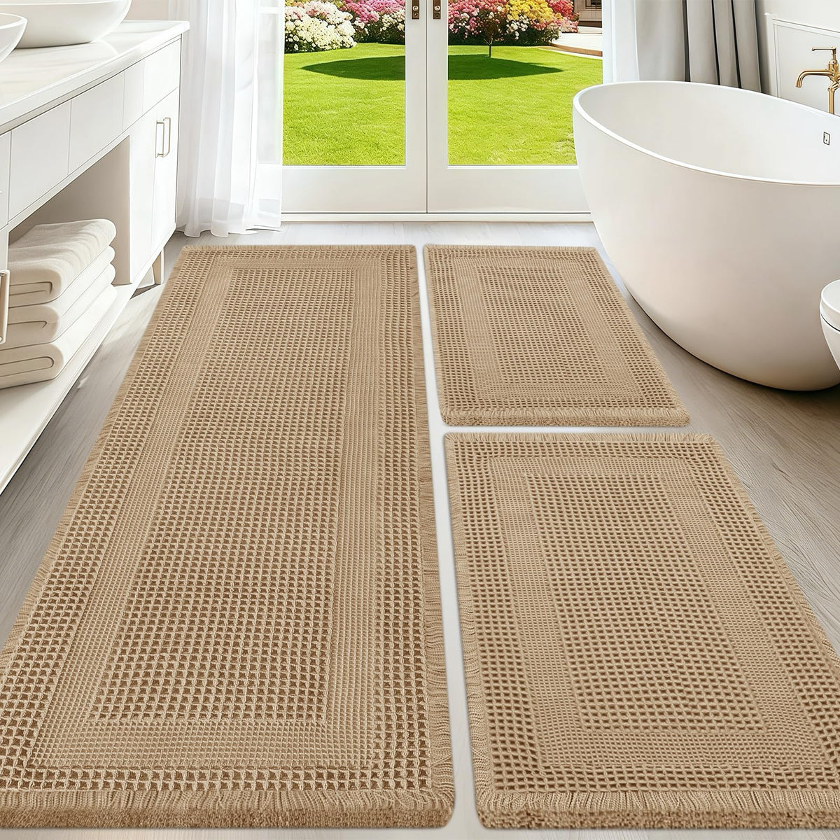 Upgraded Waffle Bath Mat Set 3 Piece Black-Looped, Super Absorbent Non-Slip Quick Dry Bathroom Rugs with Tassels, Machine Washable Ultra Soft Boho Bath Rugs for Floor, Toilet Mats Boho Farmhouse Decor