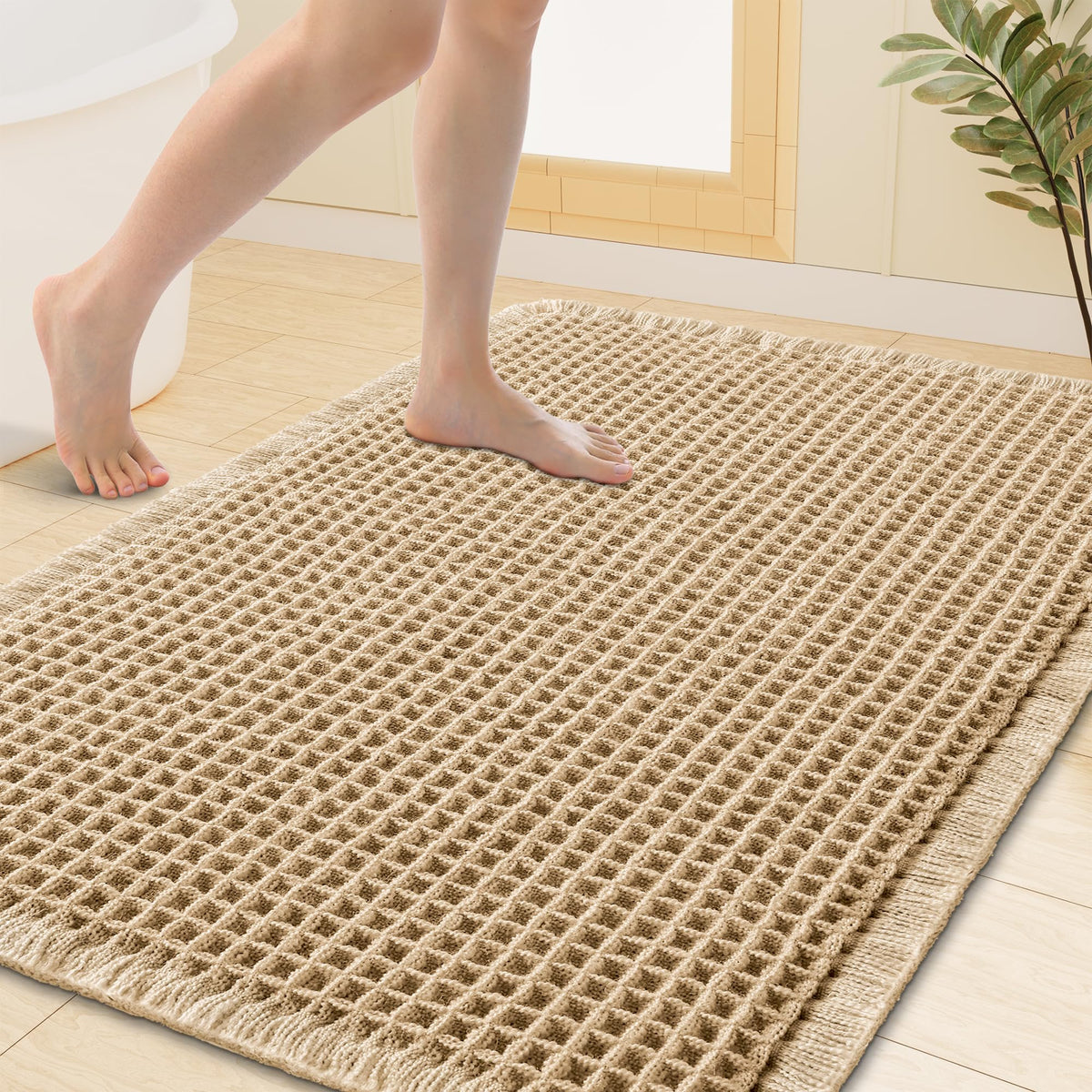 Smiry Waffle Bath Mat 30X20, Extra Soft Absorbent Bathroom Rugs, Brown