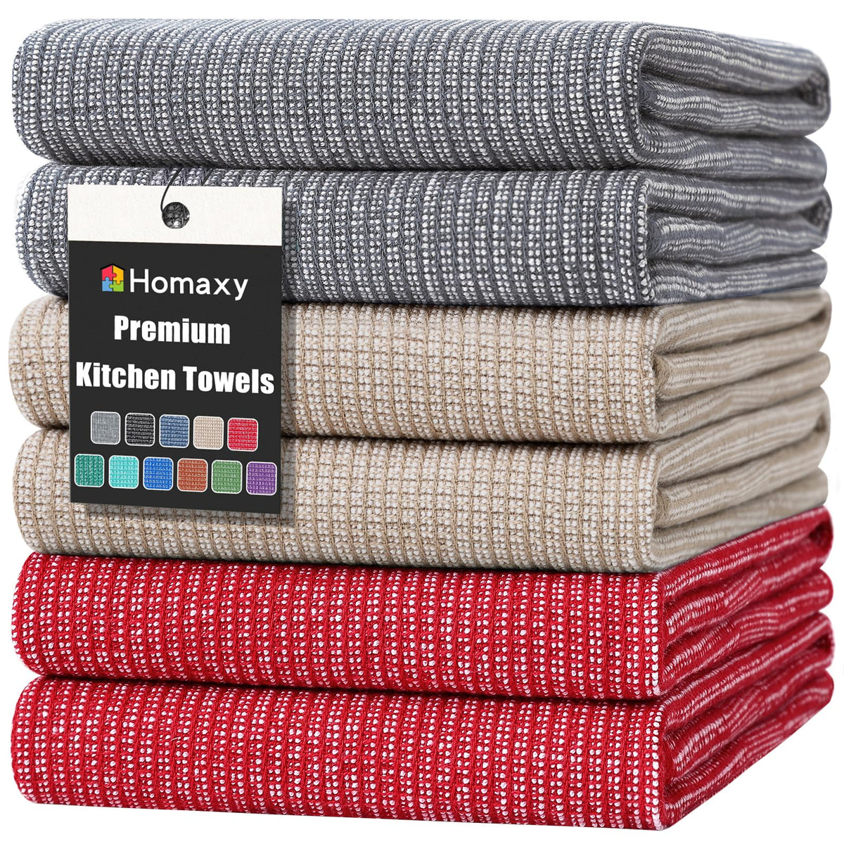 Homaxy 380 GSM Cotton Premium Kitchen Towels 6 Pack, 18"x 28", Khaki