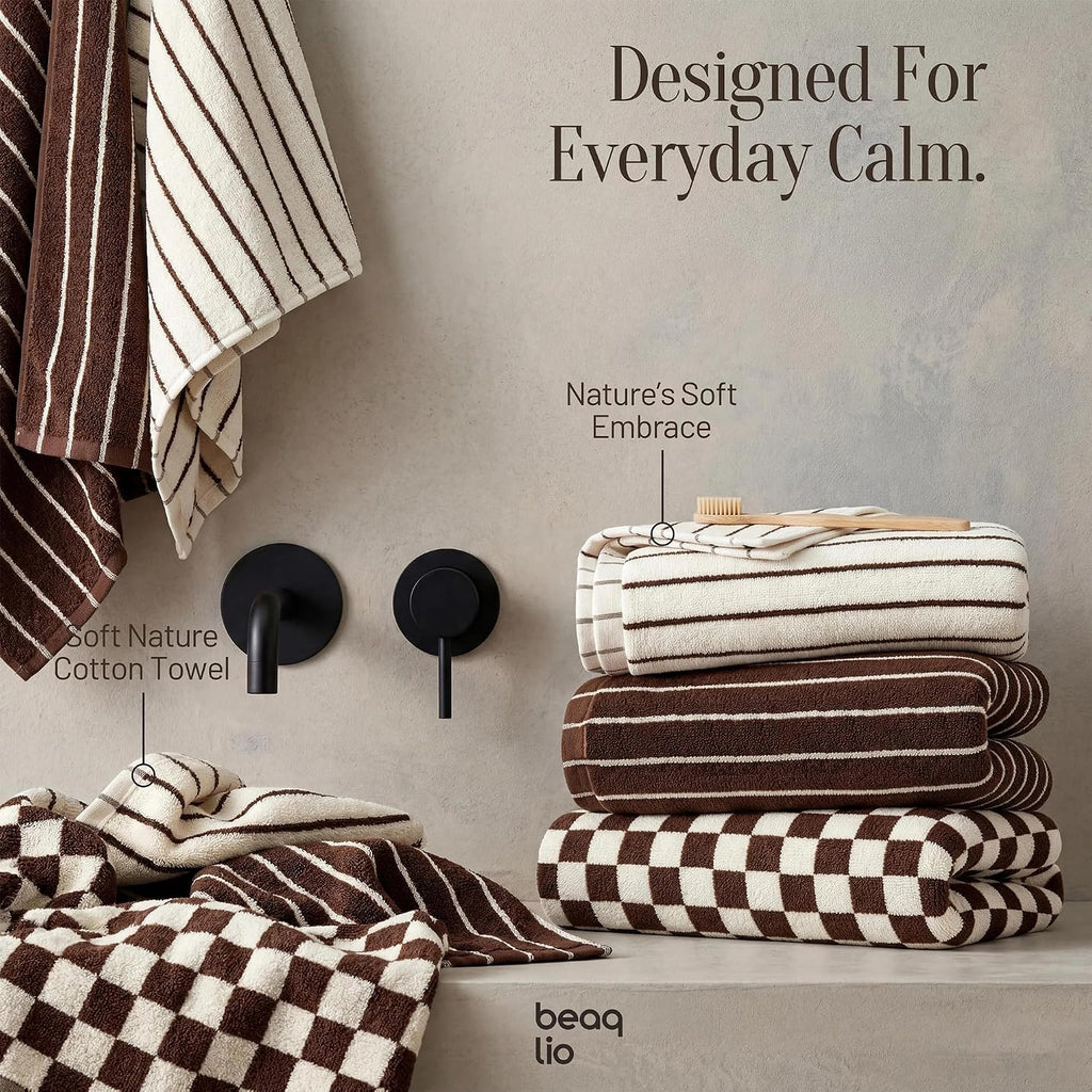 100% Cotton Striped Hand Towels Set, 3pcs Towels for Bathroom Brown