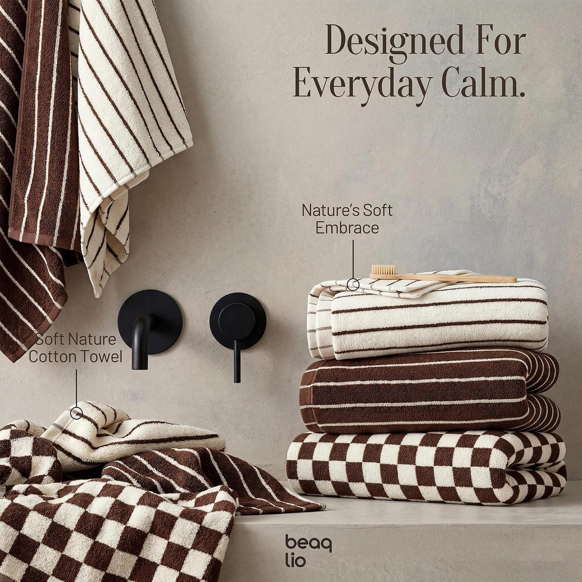 100% Cotton Striped Hand Towels Set, 3pcs Towels for Bathroom Brown