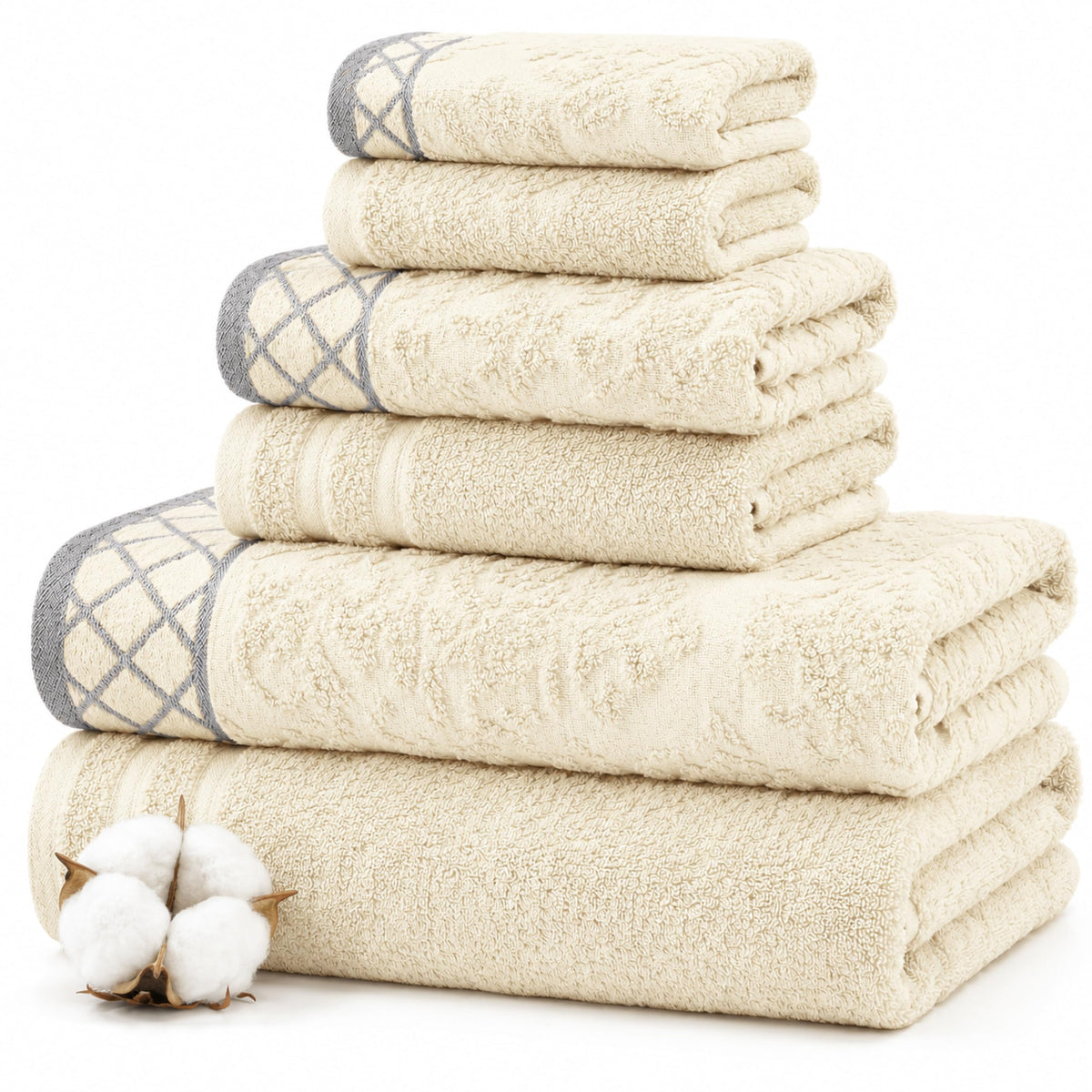 Modern Threads 6 Piece Bath Towel Set – Bathroom Towel Set with 2 Bath Towels, 2 Hand Towels & 2 Washcloths – 100% Cotton, Soft & Absorbent – Geometric (Soft Olive)