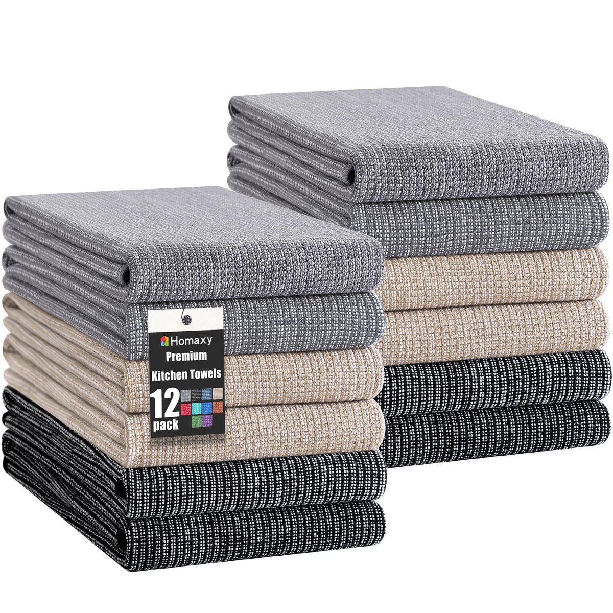 Homaxy 380 GSM Cotton Premium Kitchen Towels 6 Pack, 18"x 28", Khaki