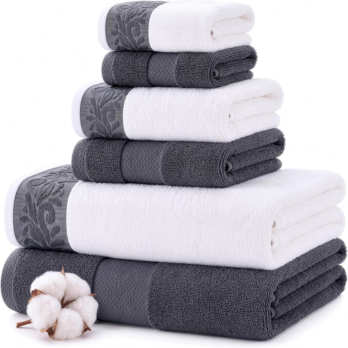 Modern Threads 6 Piece Bath Towel Set – Bathroom Towel Set with 2 Bath Towels, 2 Hand Towels & 2 Washcloths – 100% Cotton, Soft & Absorbent – Jacquard Border (Gray)