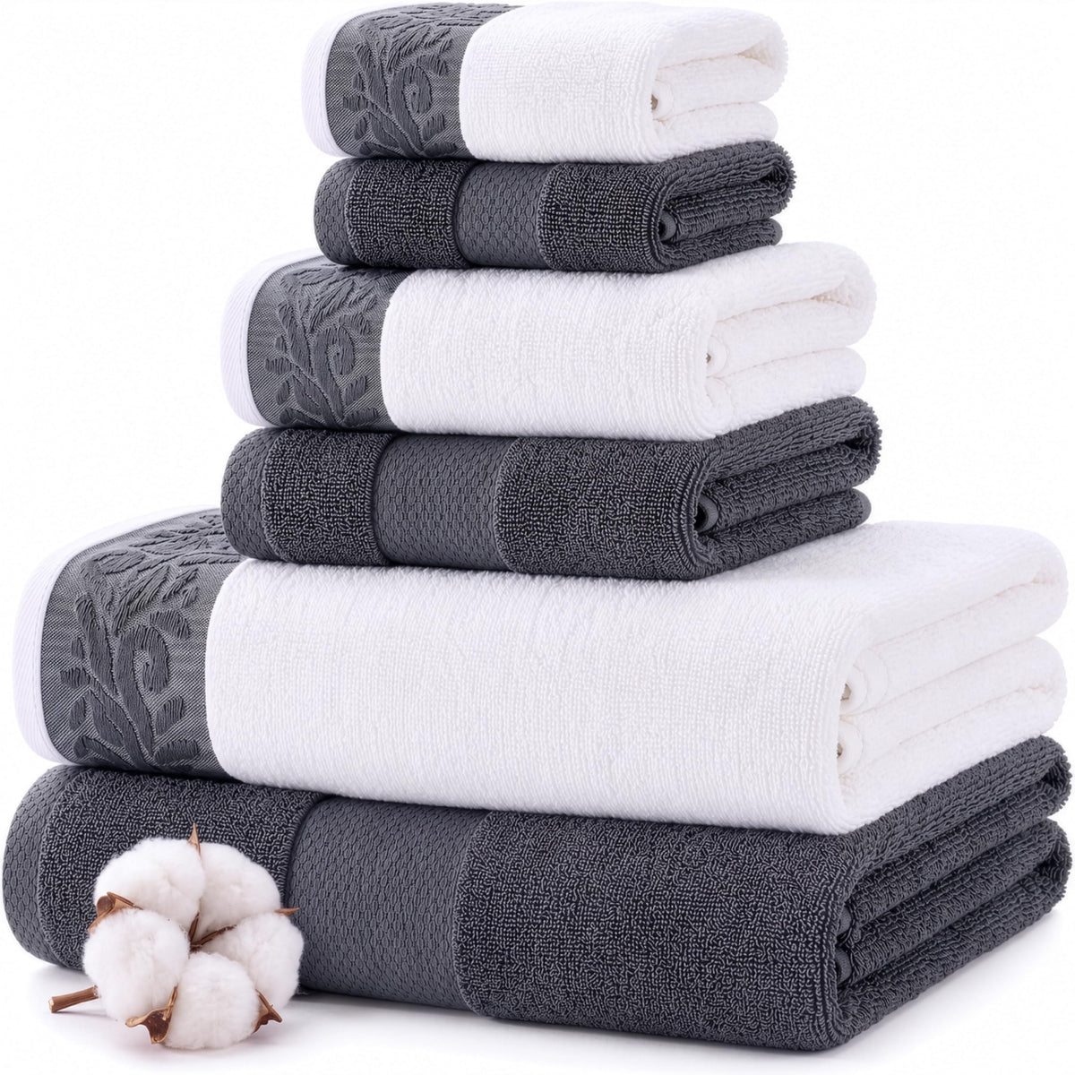 Modern Threads 6 Piece Bath Towel Set – Bathroom Towel Set with 2 Bath Towels, 2 Hand Towels & 2 Washcloths – 100% Cotton, Soft & Absorbent – Jacquard Border (Gray)