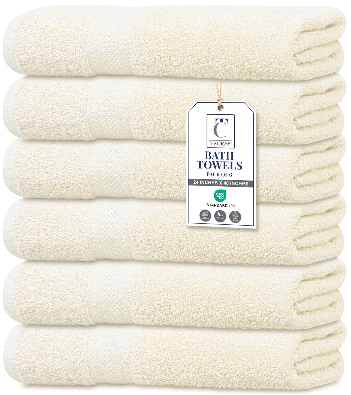 Medium Size Bath Towels Set of 6 – 100% Cotton Terry – 24" x 48" – Quick Dry, Soft & Highly Absorbent – Beige Towels for Bathroom, Gym, Spa, Pool & Daily Use