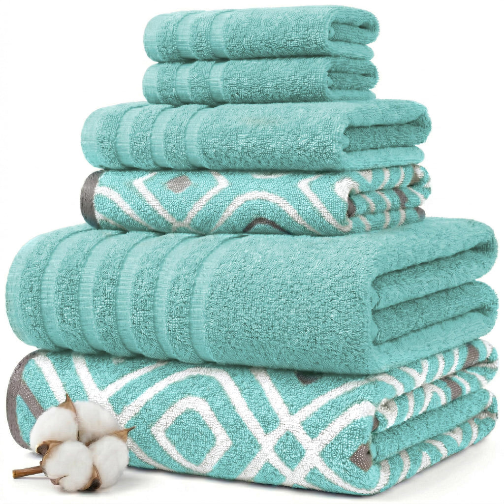 Modern Threads 6 Piece Bath Towel Set – Bathroom Set with 2 Bath Towels, 2 Hand Towels, and 2 Wash Cloths – 100% Cotton, Super Absorbent & Extra Soft – Reversible Classic Diamond (Aqua)