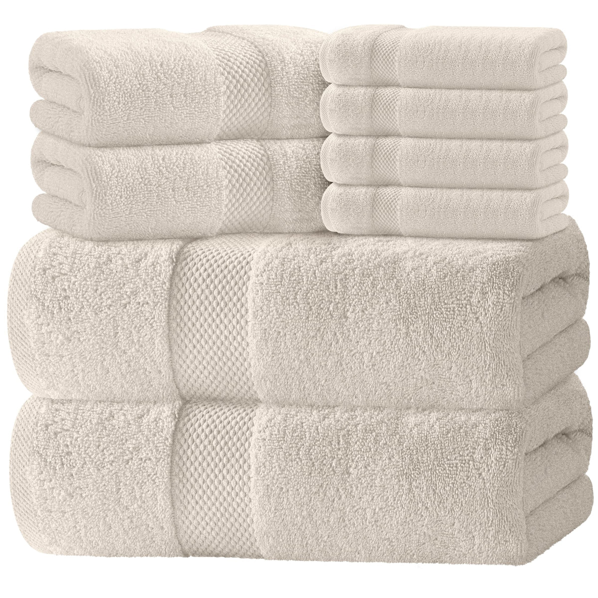 White Classic Luxury Bath Towel Set of 8 Pieces - 100% Turkish Cotton Highly Absorbent Towels for Bathroom, 2 Luxury Bath Towels 700GSM, 2 Hand Towels, 4 Washcloths, Ivory