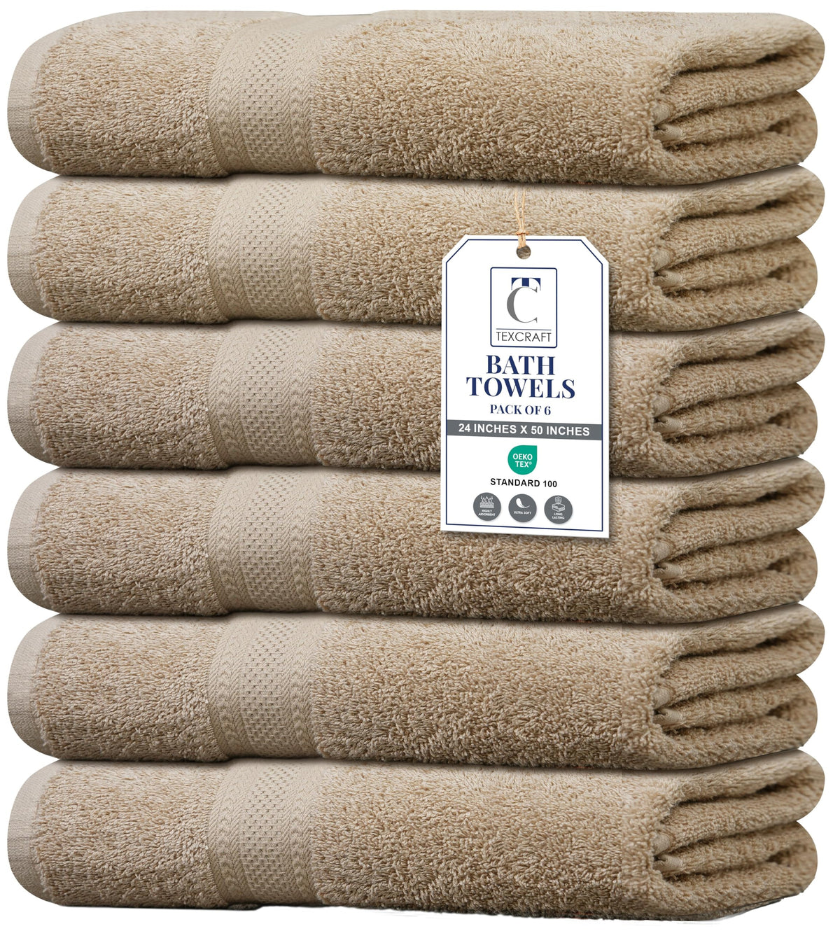 Medium Size Bath Towels Set of 6 – 100% Cotton Terry – 24" x 48" – Quick Dry, Soft & Highly Absorbent – Beige Towels for Bathroom, Gym, Spa, Pool & Daily Use