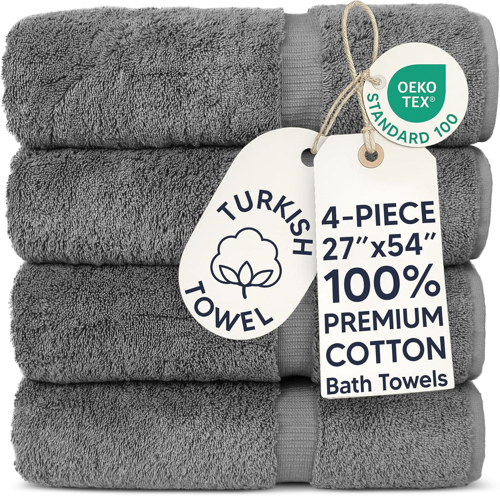 Chakir Turkish Linens 100% Cotton 4-Pack Bath Towels 27x54, Gray