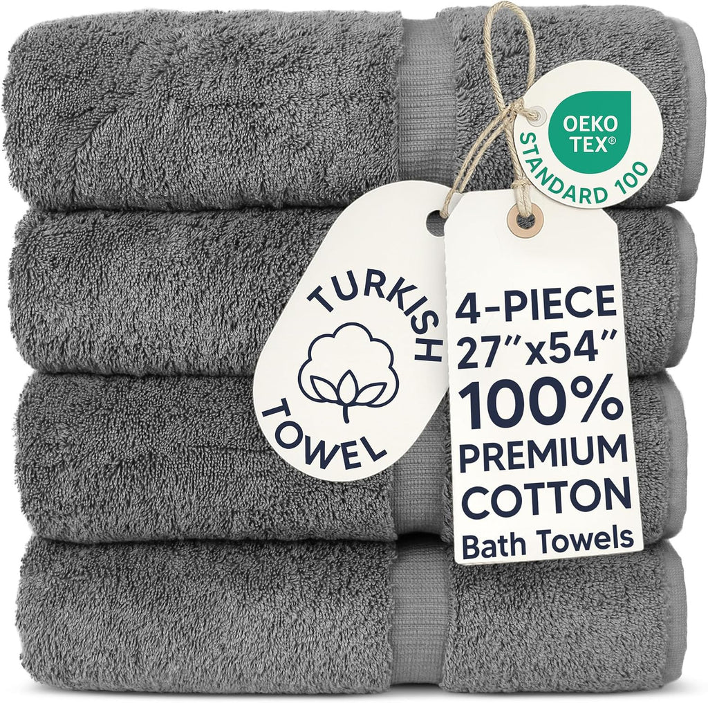 Chakir Turkish Linens 100% Cotton 4-Pack Bath Towels 27x54, Gray