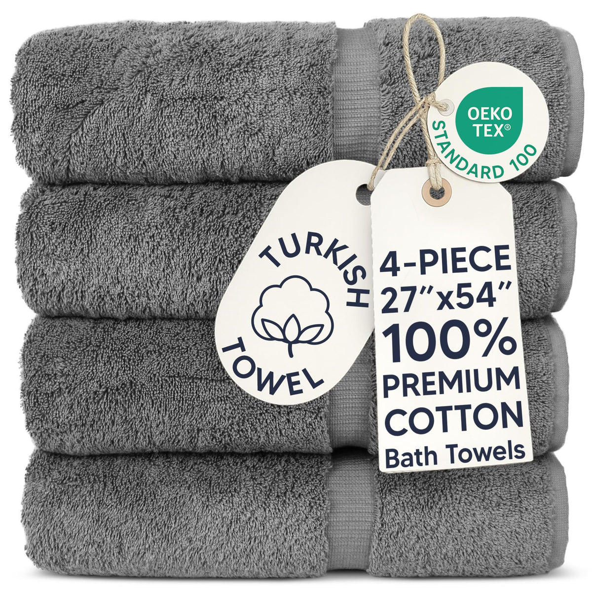 Chakir Turkish Linens 100% Cotton 4-Pack Bath Towels 27x54, Gray